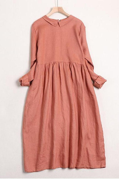 Linen Color Doll Collar Long Sleeves Dress