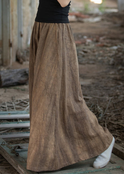 Tea Brown Tie Dye Elastic Waist Exra Large Hem Linen Skirts Summer