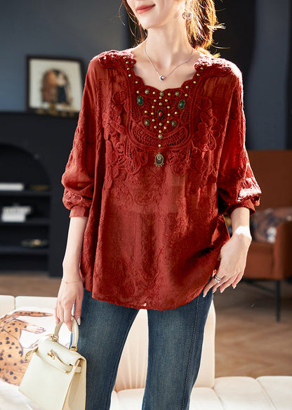 New Red Square Collar Embroidered Cotton Tops Spring