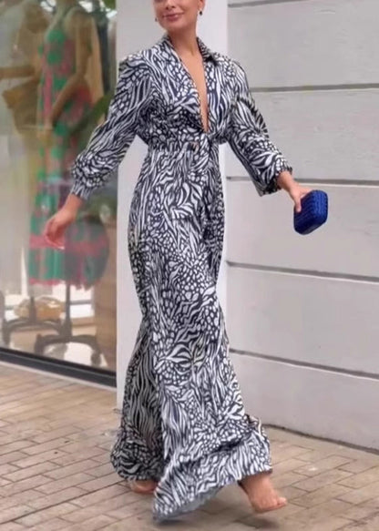 V Neck Print Wide Leg Jumpsuit Spring