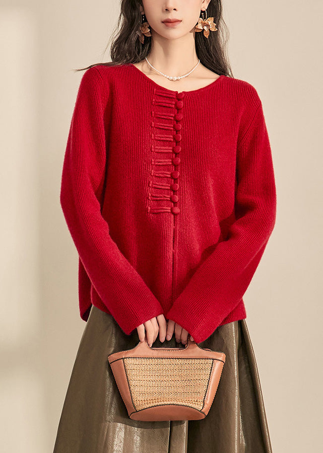 Chinese Style Red O-neck Button Cozy Cotton Knit Cardigans Fall