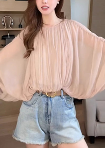 Pink Wrinkled Lace Up Shirts Batwing Sleeve