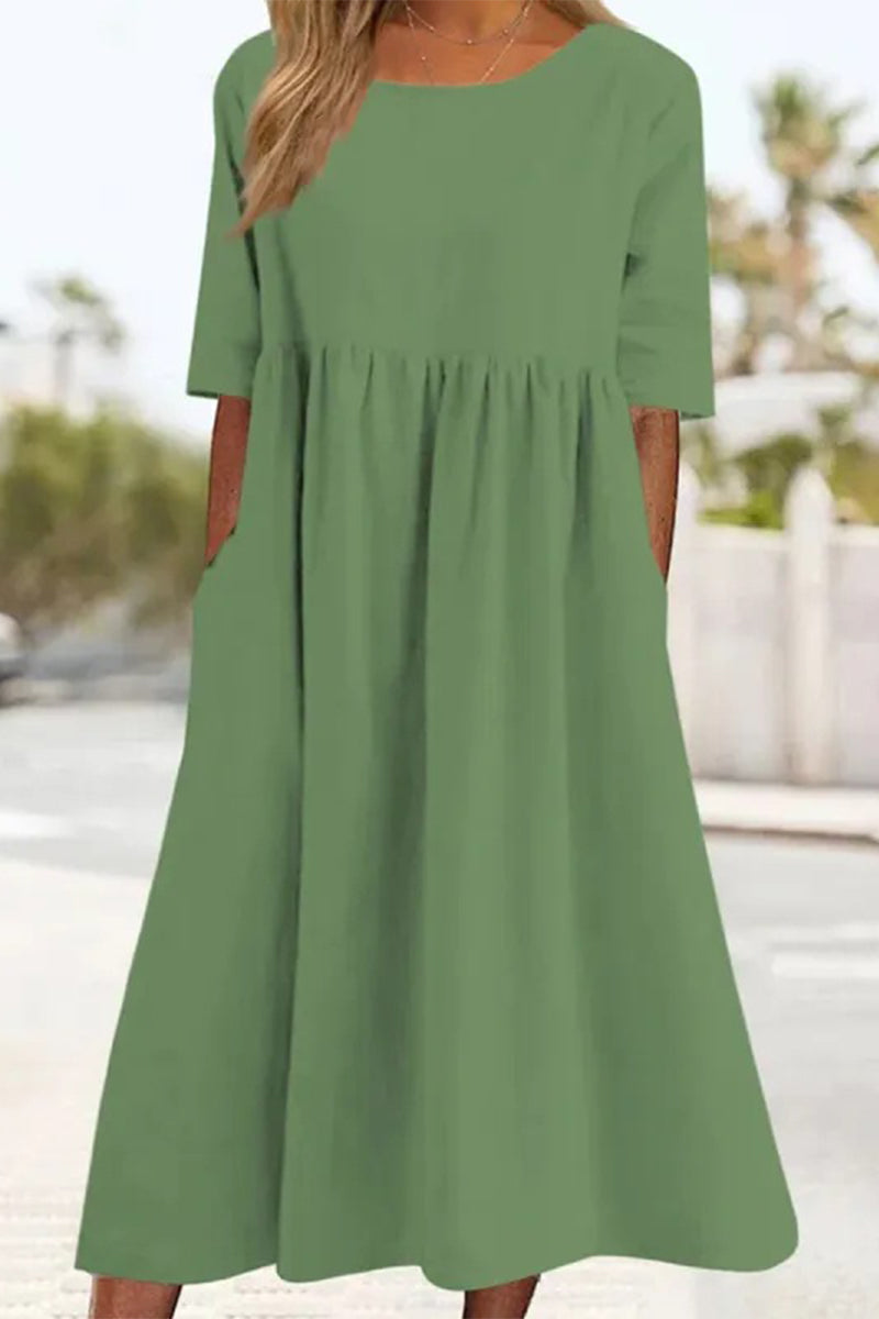 Half Sleeve Pleated Pocket Cotton Dress(9 Colors)