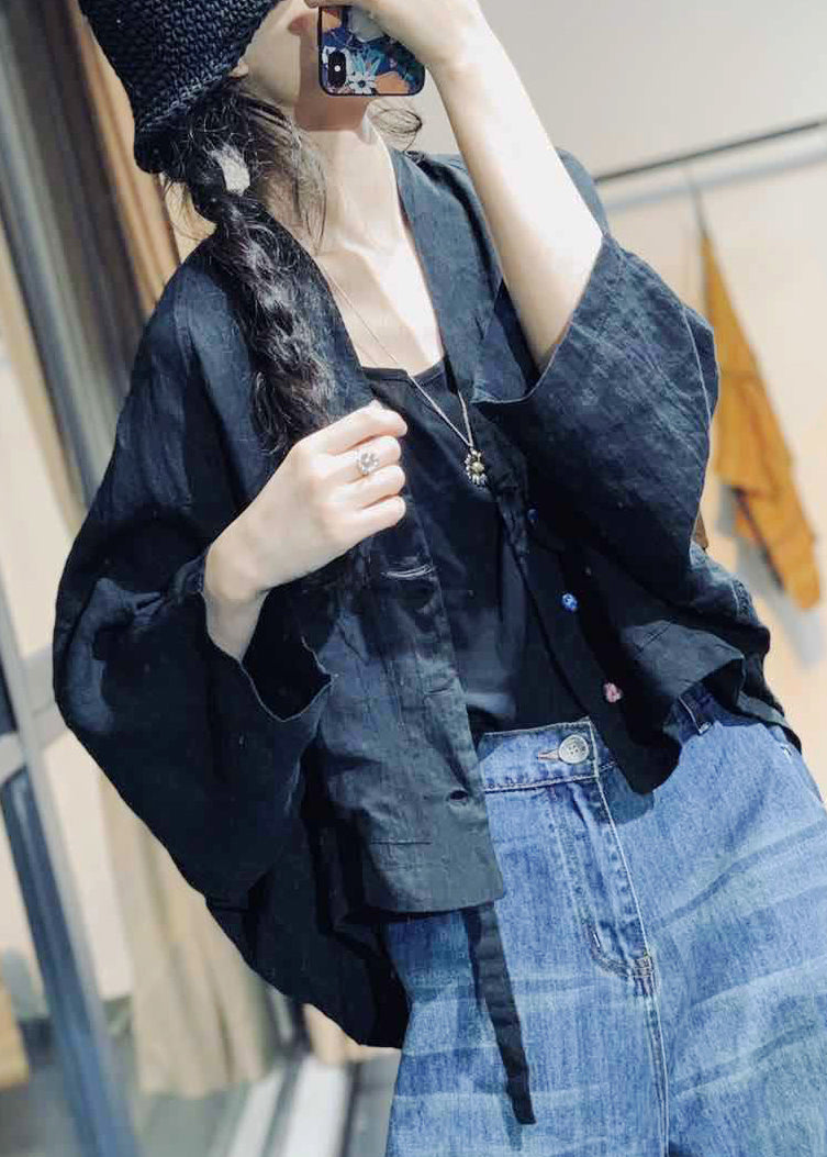 Black Low High Design Linen Coat V Neck Fall