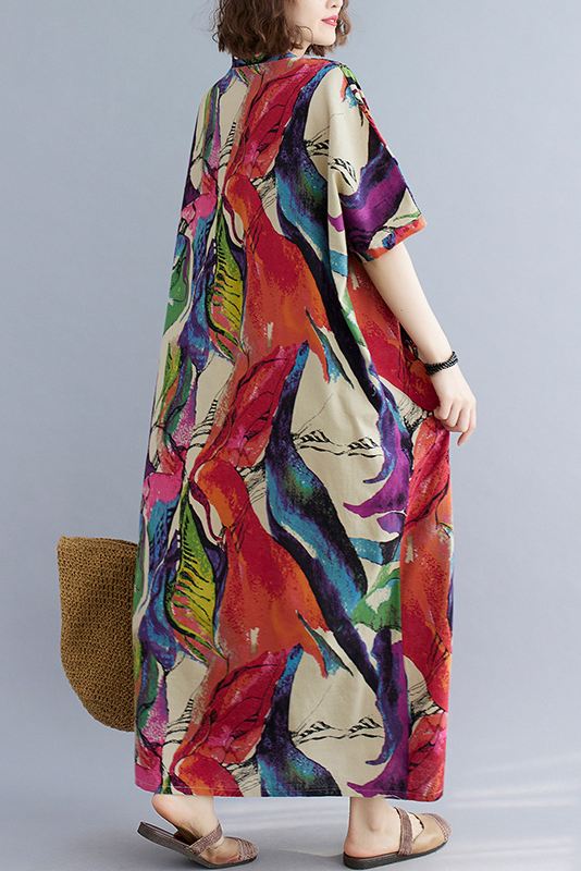 Cotton Linen V-neck Loose Long Dress Short Sleeve Printed Dress