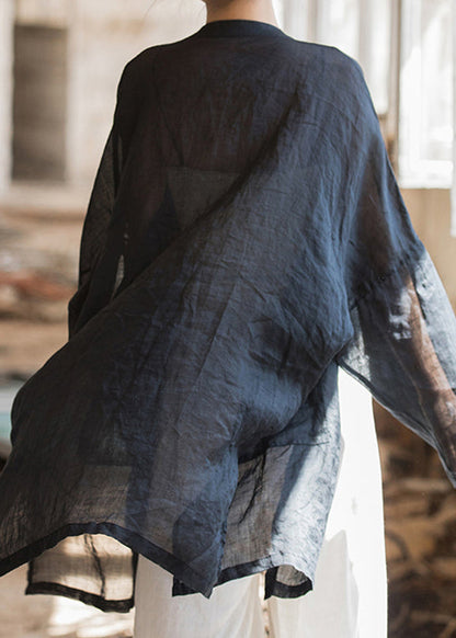 Black Oriental Button Linen Shirts Tops Spring