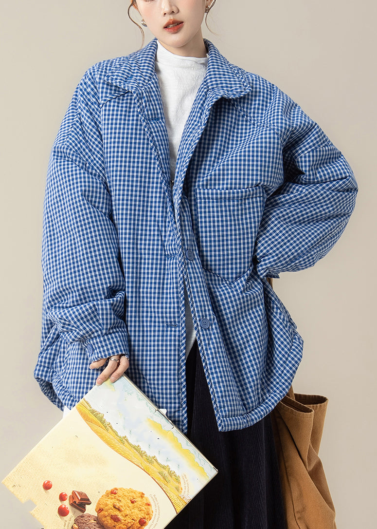 Blue Peter Pan Collar Plaid Down Jackets Winter