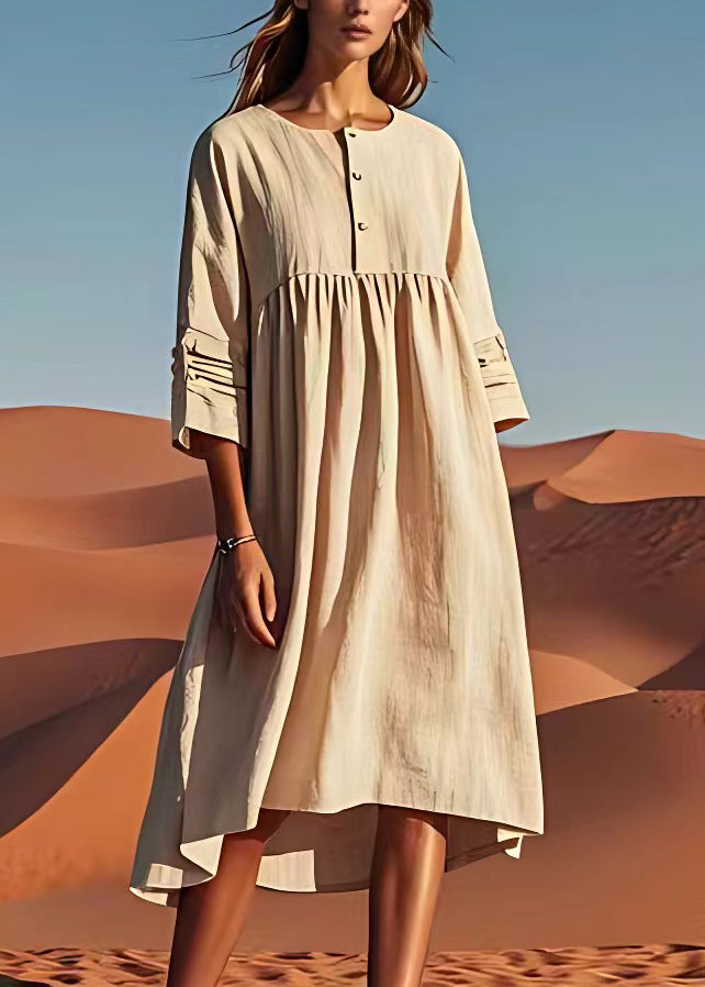 Unique Beige O Neck Wrinkled Linen Dress Summer