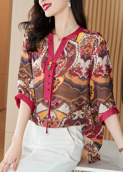 Red Tasseled Print Cotton Blouse Tops Half Sleeve