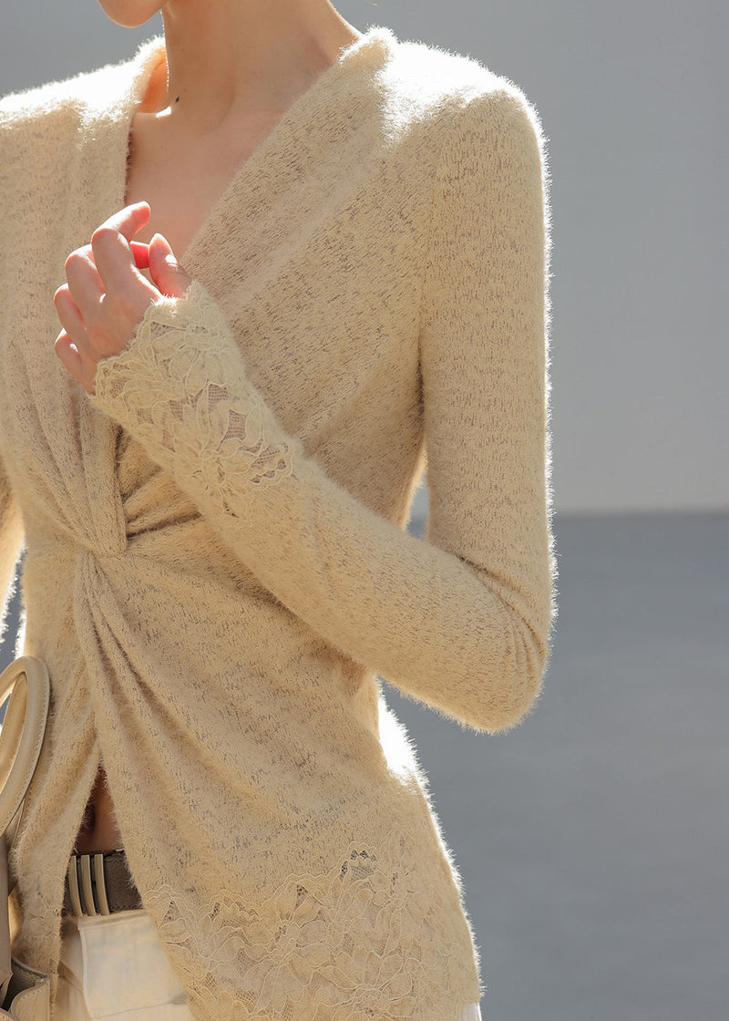 Apricot V Neck Wrinkled Knit Top Spring