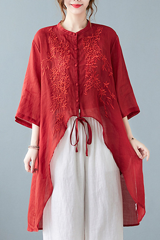 Summer Embroidered Loose Long Top Half Sleeve Ramie Shirt