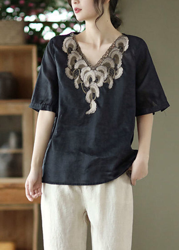Black V Neck Embroidered Linen Shirts
