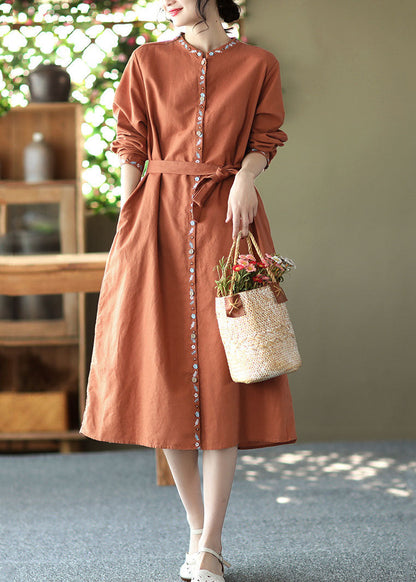 Handmade Orange Stand Collar Embroidered Linen Vacation Dresses Long Sleeve