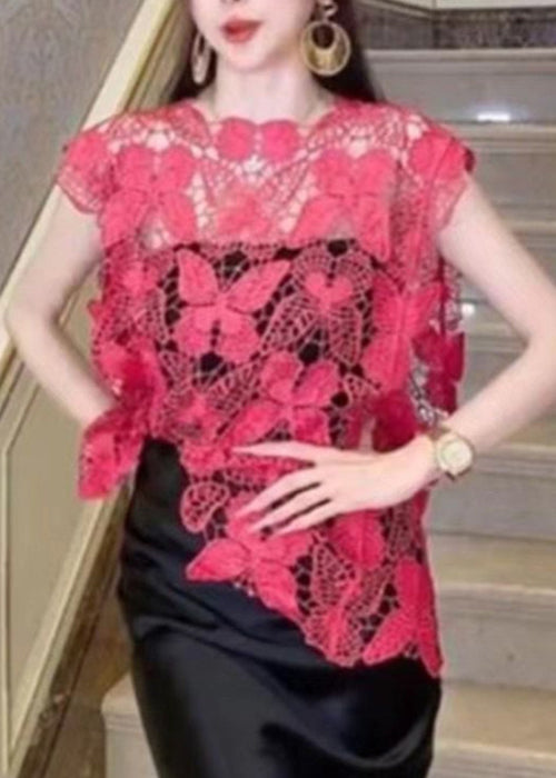 Rose Butterfly Hollow Out Lace Tops Sleeveless