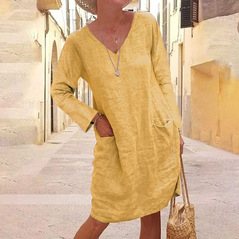 Pure Color Cotton and Linen V-neck Dress