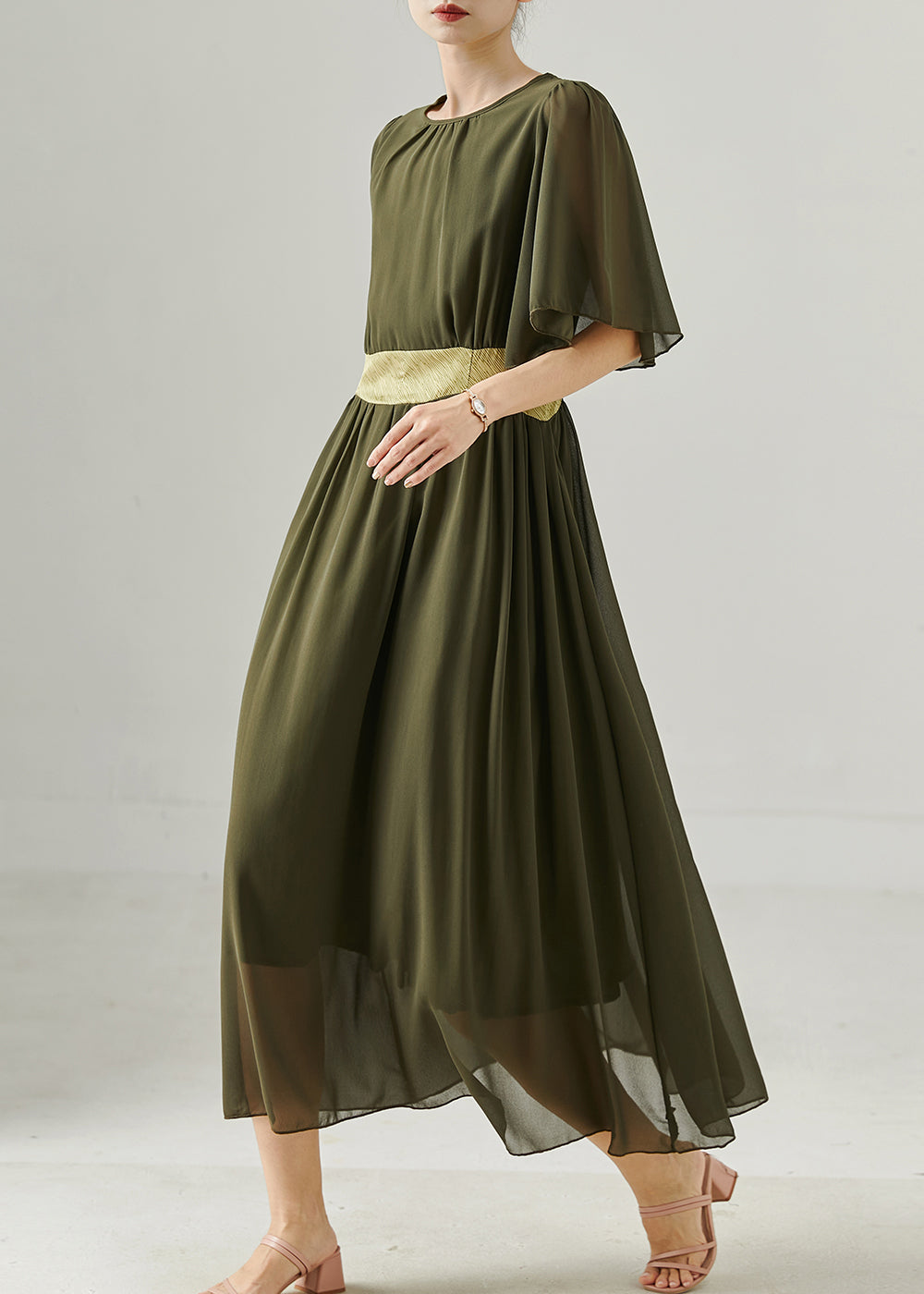 Army Green Exra Large Hem Draping Chiffon Long Dress Summer