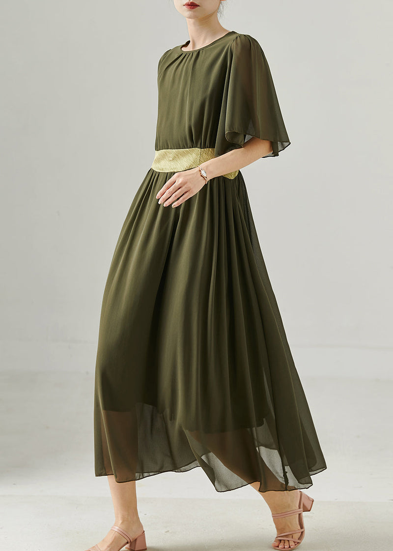 Army Green Exra Large Hem Draping Chiffon Long Dress Summer
