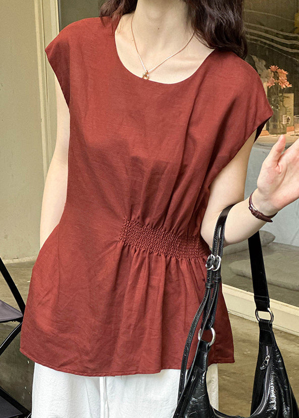 Red O Neck Cotton Tops Summer