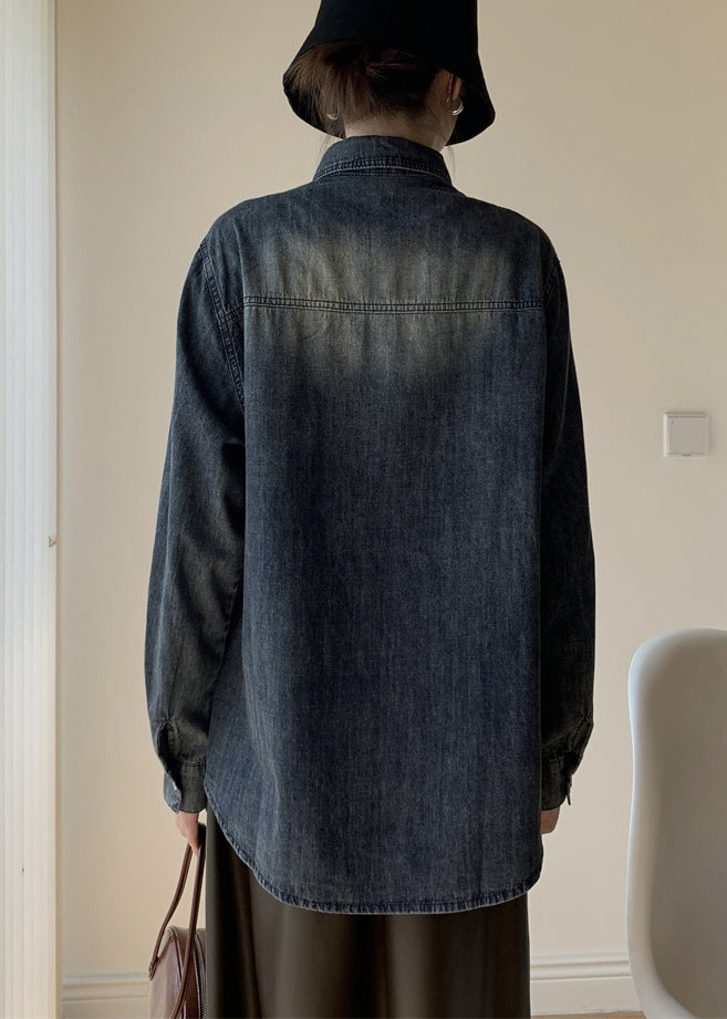 Blue Ruffled Button Denim Shirt Fall