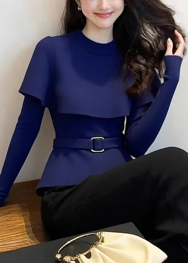 Stylish Navy O-neck Tie Waist Knit Cape Sweater Winter