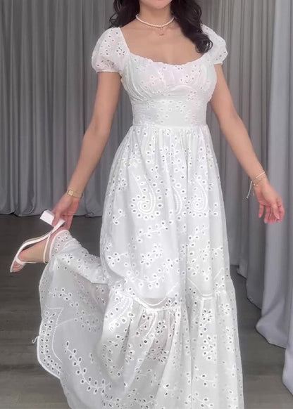 New French White Square Neck Hollow Out Long Dress Puff Sleeve