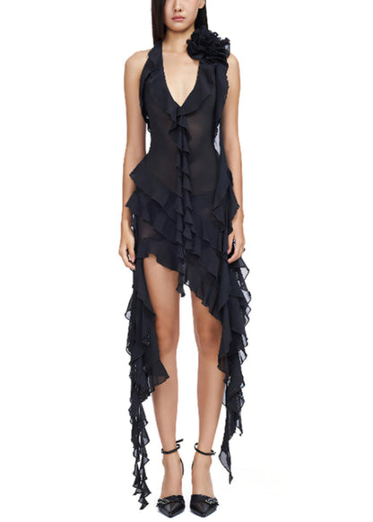 Rose V Neck Lace Up Cotton Vacation Dresses Sleeveless