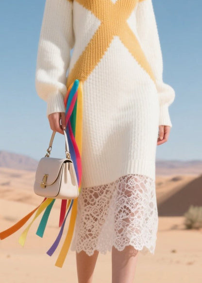 White Lace Patchwork Warm Knitwear Dress Winter