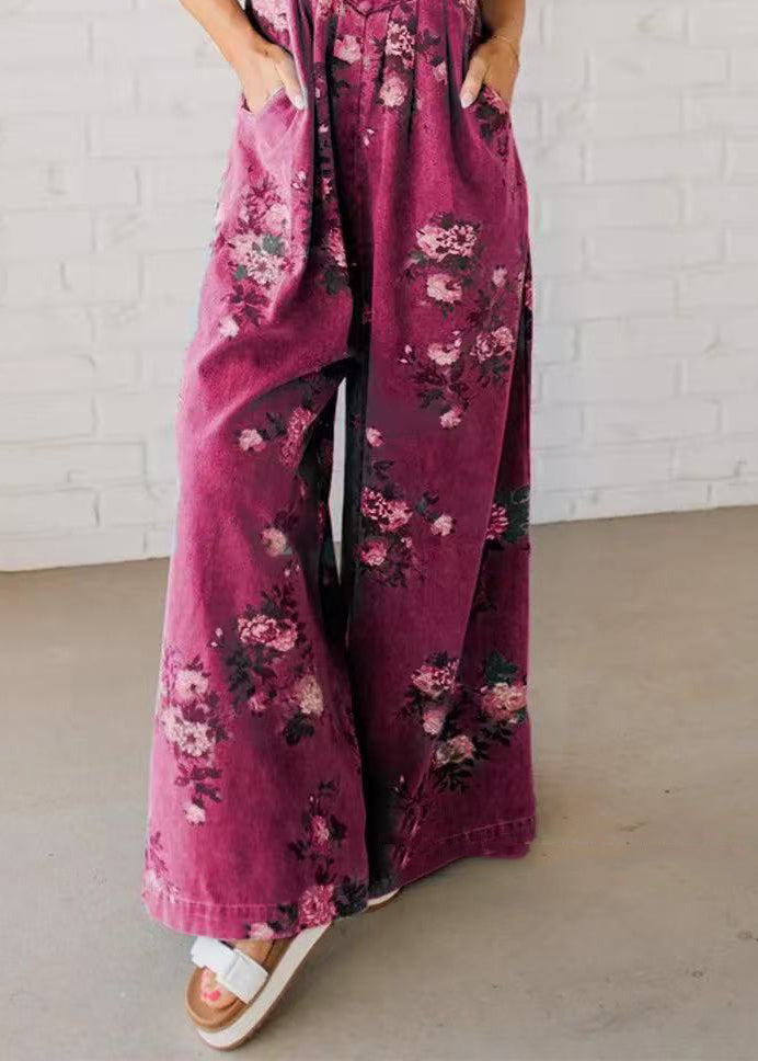 Blue Oversized Print Denim Jumpsuits Spring