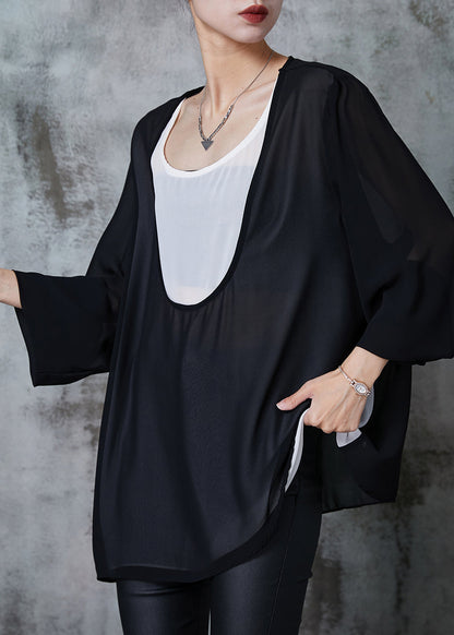 Black Oversized Patchwork Chiffon Sweatshirts Top Summer