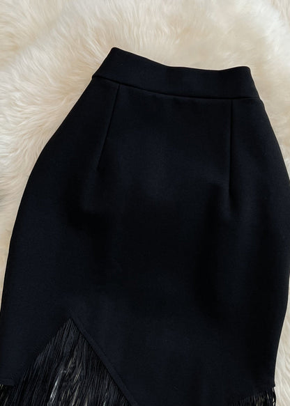 Black Asymmetrical High Waist Tassel Skirt Spring
