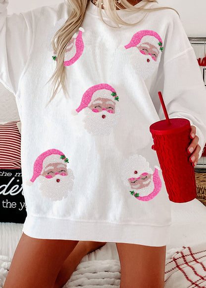 Stylish White O Neck Christmas Print Cotton Sweatshirt Winter