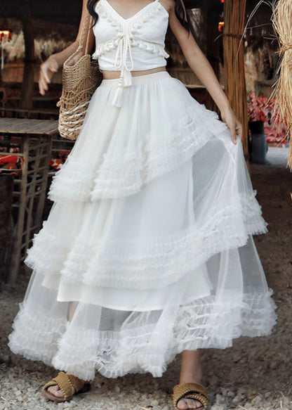 White Elastic Waist Tulle Summer Maxi Skirts Ruffled