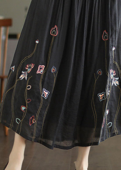 Black Elastic Waist Embroidered Linen Silk Skirt Spring