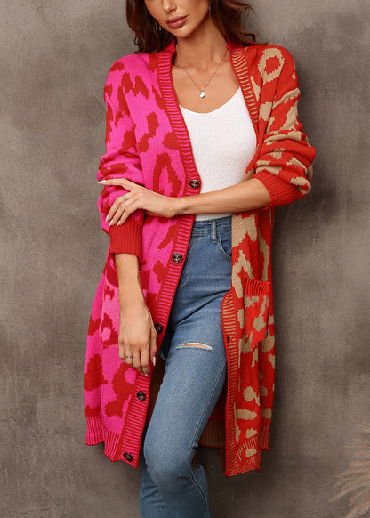 Red Leopard Print Patchwork Knit Loose Cardigan Fall