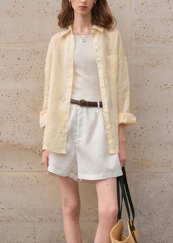 Apricot Peter Pan Collar Linen Thin Shirts Tops Summer