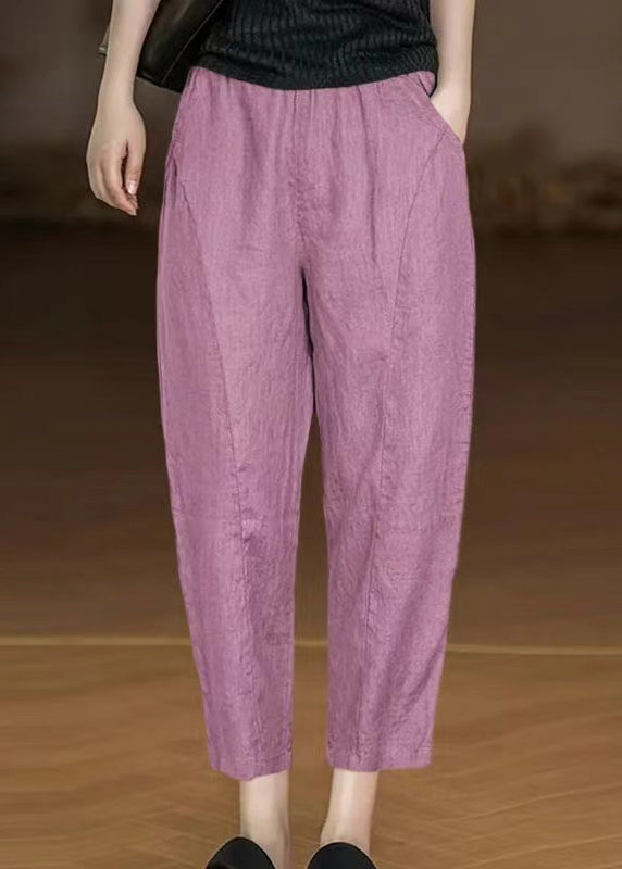 Yellow Pockets Elastic Waist Cotton Crop Pants Summer