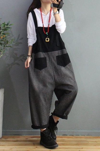 Denim Cotton Plaid Stitching Overalls Dungarees Jumpsuit
