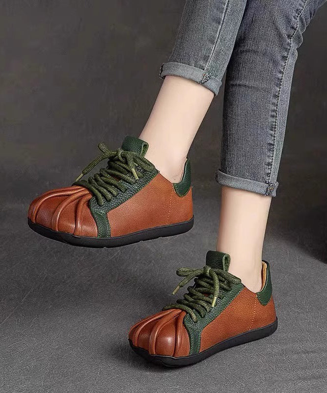 Green Cowhide Leather Flat Shoes Splicing Lace Up
