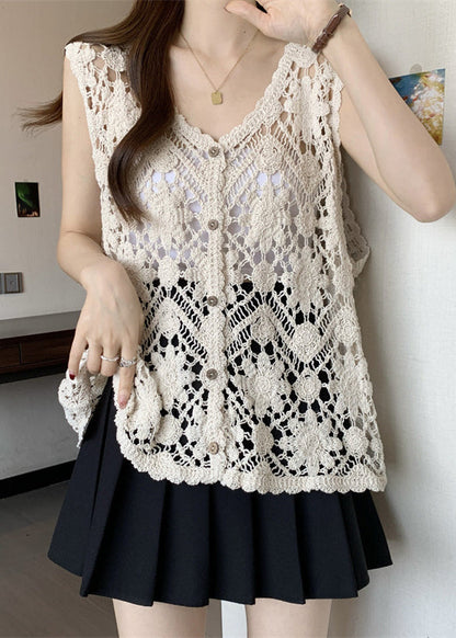 Apricot V Neck Hollow Out Knit Vest Sleeveless