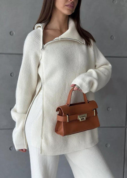 Stylish White High Neck Zip Up Knit Two Pieces Set Winter