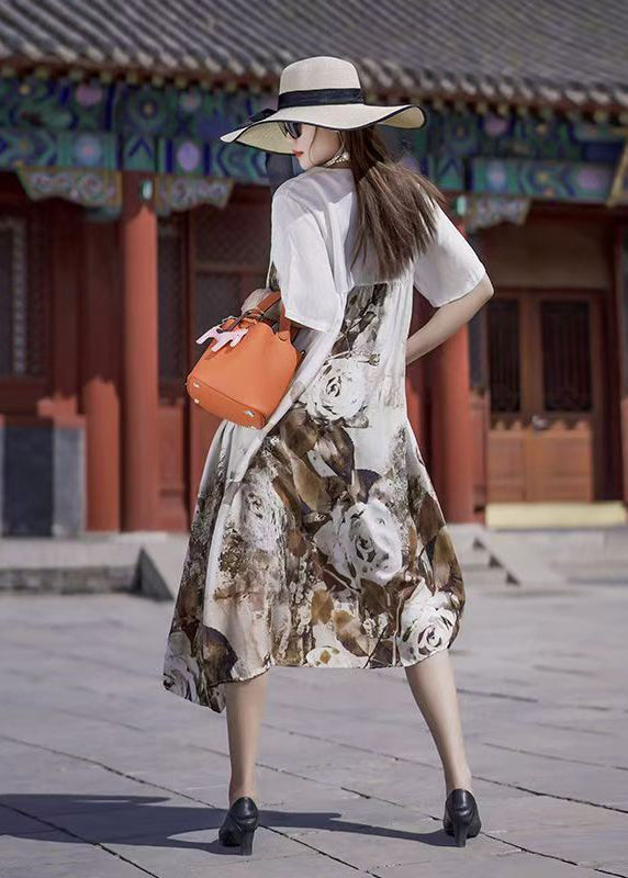 Khaki Oversized Print Silk Holiday Dress Summer