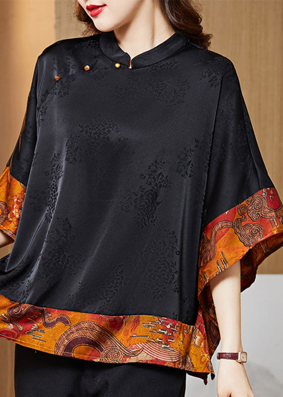 Black Mandarin Collar Asymmetrical Patchwork Jacquard Silk Shirts Batwing Sleeve