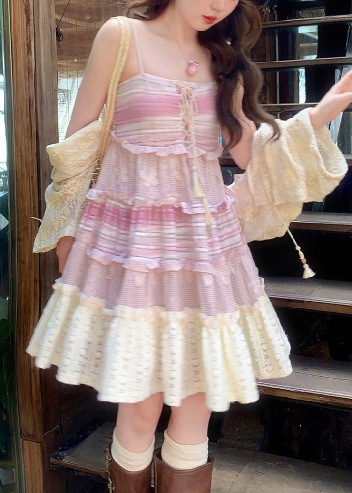 Pink Lace Up Ruffled Knit Mid Dress Sleeveless
