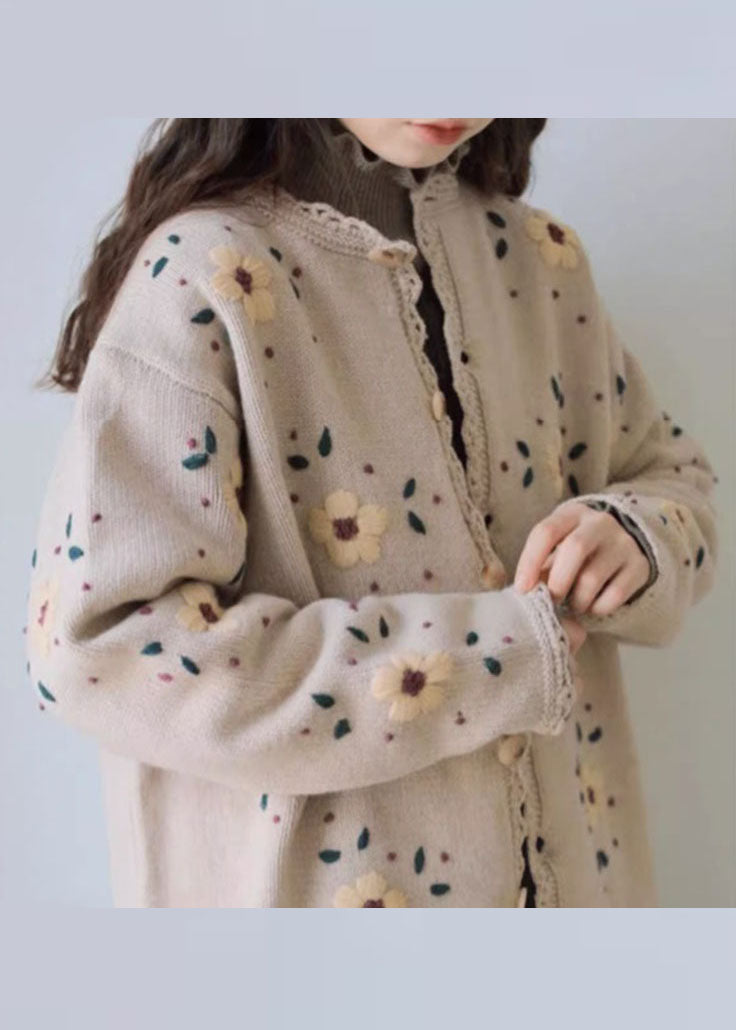 Handmade Coffee Embroideried Lace Patchwork Cotton Knit Coats Long Sleeve
