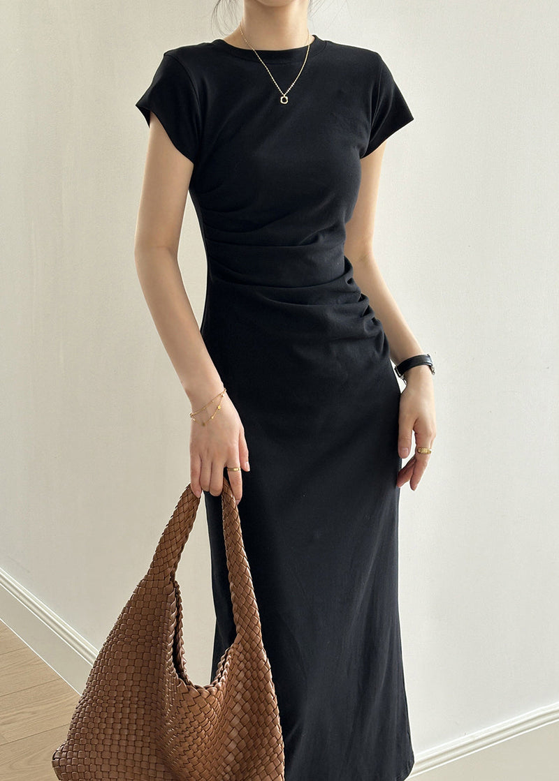 Black High Waist Cotton Dress O-neck Short Sleeve