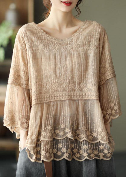 Loose Khaki O-neck Embroidered Patchwork Summer Shirts Half Sleeve