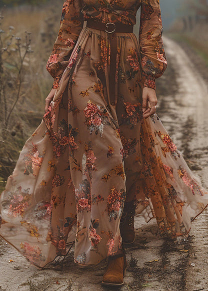 Caramel V Neck Print Exra Large Hem Chiffon Dress Fall