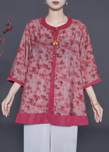 Red Print Cotton Shirt Oversized Bracelet Sleeve