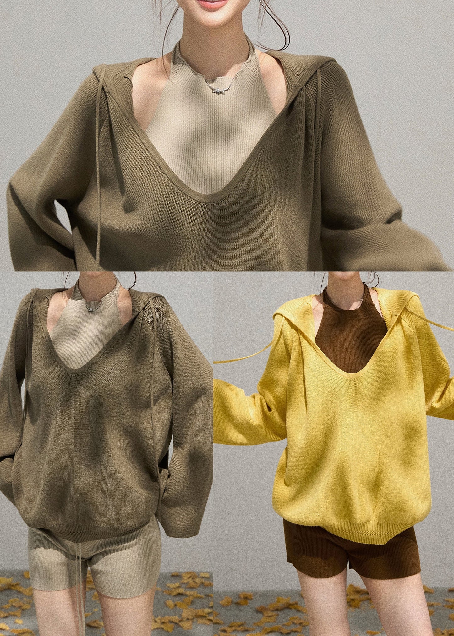 Army Green Knit Pullover V Neck Hooded Fall