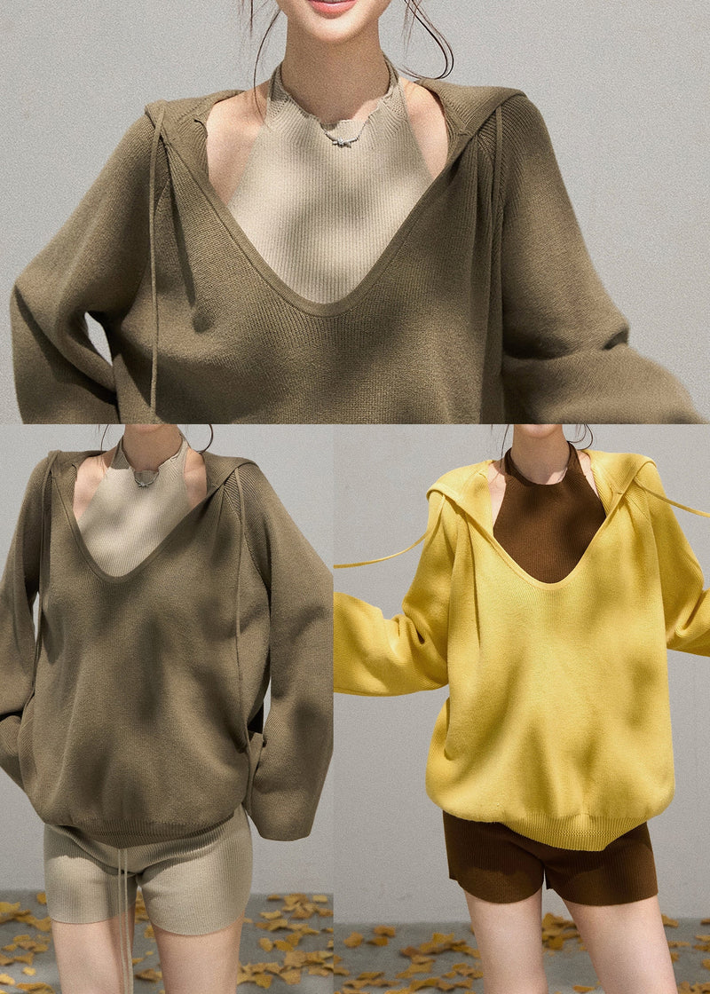 Yellow Hooded Knit Pullover Sweatshirt Fall